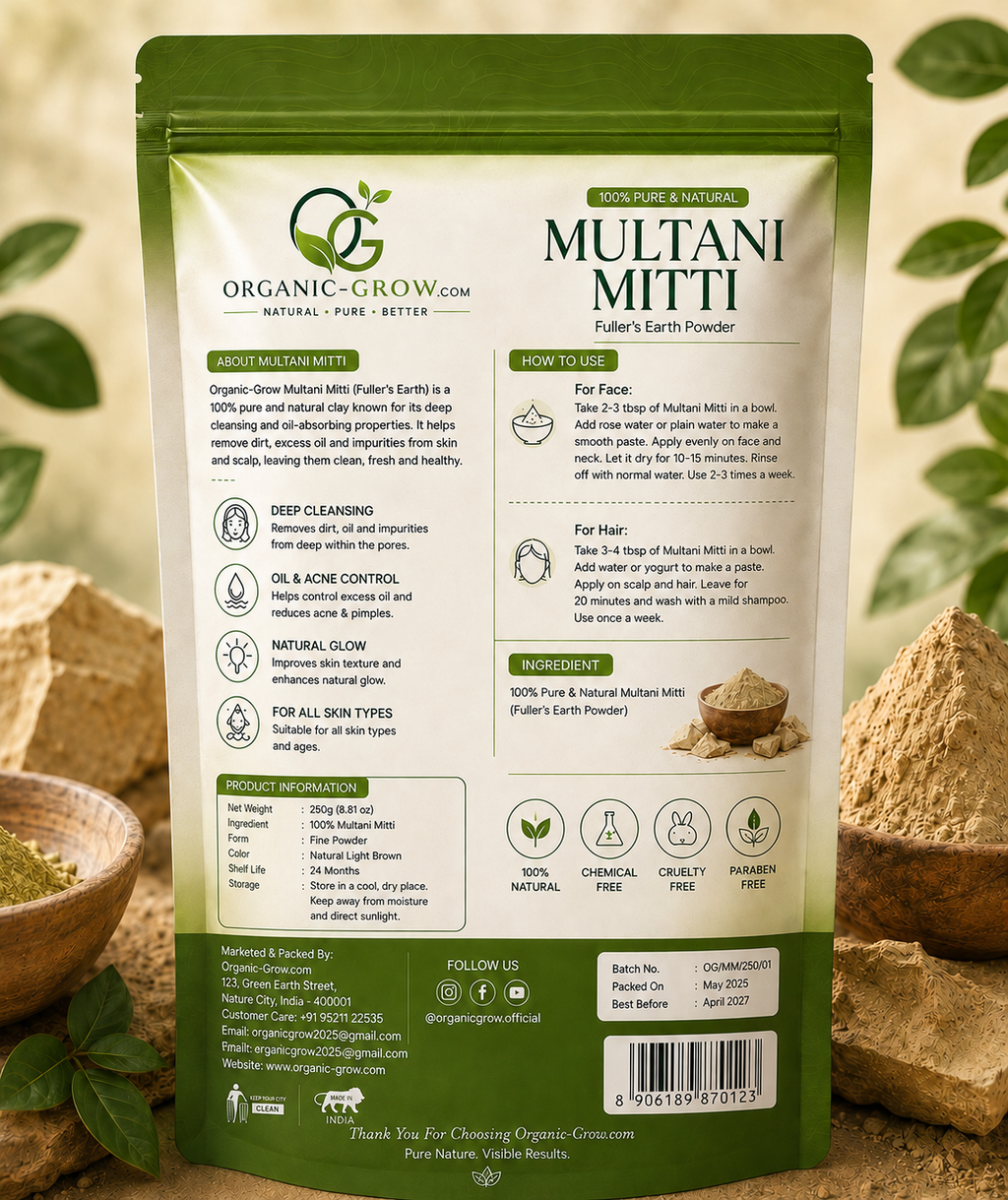 Premium Multani Mitti Powder 250g Natural Clay Mask for Acne-Prone Skin, Deep Cleansing and Healthy Hair Care