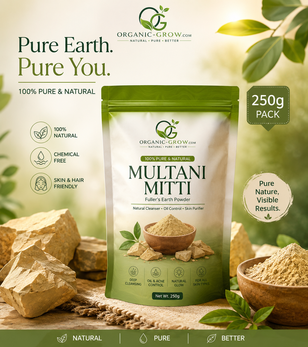 Organic Grow 100% Pure Multani Mitti Clay Powder for Skin Care, Face Pack, Oil Control, Natural Glow and Hair Treatment.